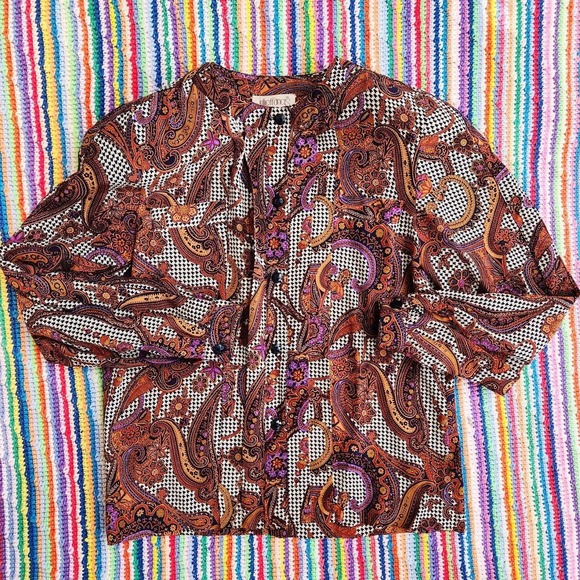 Vintage 80s Paisley & Houndstooth Silk Blouse - Picture 5 of 7